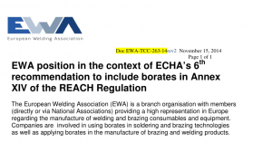 EWA supports the arguments of the European Borates Association against the draft ECHA 6th recommendation for the inclusion of borates in the REACH Annex XIV